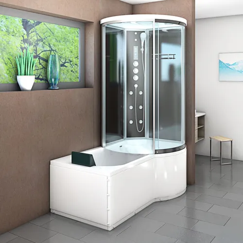 Kombination Badewanne Dusche K55-L33-EC Duschtempel 170x100 cm - Schwarz - Duschwände mit 2in1 Wannen- und Duschsystem, aus 6mm Sicherheitsglas, mit integrierter Rückenmassage und LED Regendusche für ein luxuriöses Duscherlebnis.