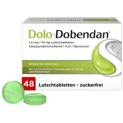 Reckitt Benckiser DOLO-DOBENDAN Lutschtabletten 48 St - Arzneimittel zur temporären Linderung von schmerzhaften Entzündungen der Mund- und Rachenschleimhaut mit wirksamen Inhaltsstoffen.
