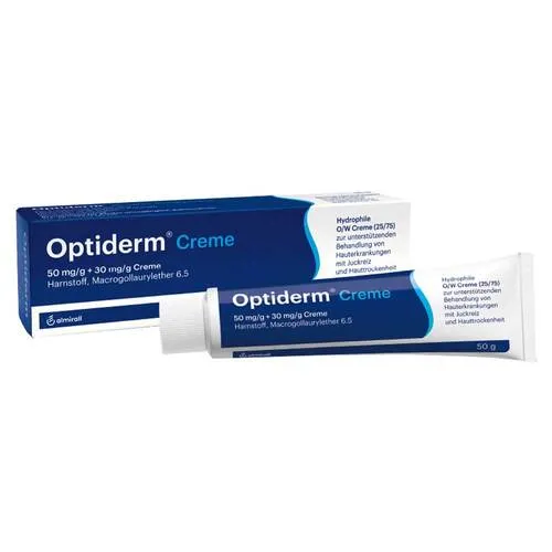 Optiderm Creme - Arzneimittel zur täglichen Pflege trockener, juckender Haut. Die einzigartige Kombination aus Urea und Polidocanol lindert Juckreiz schnell und intensiv, ohne Farb- oder Duftstoffe.