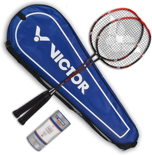 Victor Badminton Set Ultramate 6 rot - 2 Schläger + 3 Bälle + Hülle - Badminton Set für Einsteiger, inklusive 2 hochwertigen Schlägern, 3 Bällen und praktischer Hülle für einfachen Transport und Aufbewahrung.