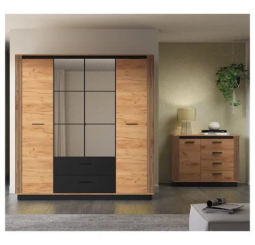 Lomadox Schlafzimmer-Set URBANIA-131, 2-tlg., modern in Eiche mit Schwarz - Stylisches 2-teiliges Schlafzimmer-Set URBANIA-131 aus hochwertiger Eiche mit eleganten schwarzen Akzenten. Ideal für moderne Schlafzimmer, bietet es viel Stauraum und eine ansprechende Optik. Pflegeleicht und funktional.