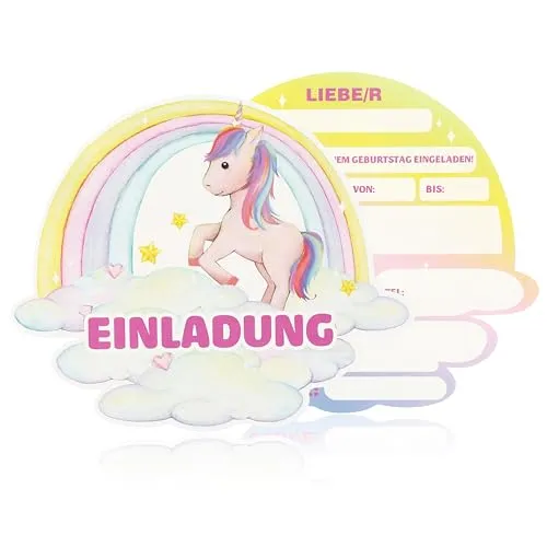 CraftWerk Einhorn Einladungskarten 12er Set - Geburtstagseinladung mit Regenbogen für Mädchen zum Kindergeburtstag und Party - 14 x 11,5 cm