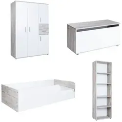 Jugendzimmer-Set ARTHUR BERNDT "Bente" 4-teilig - Modernes 4-teiliges Set für Kleinkinder: Kleiderschrank, Regal, Spielzeugtruhe und Bodenbett aus Eiche Sand Nachbildung und Weiß. Pflegeleichte, melaminbeschichtete Oberfläche für mehr Komfort im Kinderzimmer.