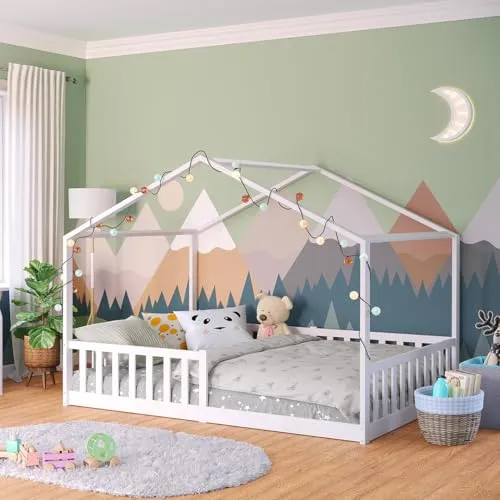 Bellabino Kinderbett Bia 140x200 cm - Kleinkindbett aus robustem Kiefer Massivholz, mit Rausfallschutz und Montessori-Design für selbstständigen Zugang, ideal für sichere und kreative Schlafumgebungen.
