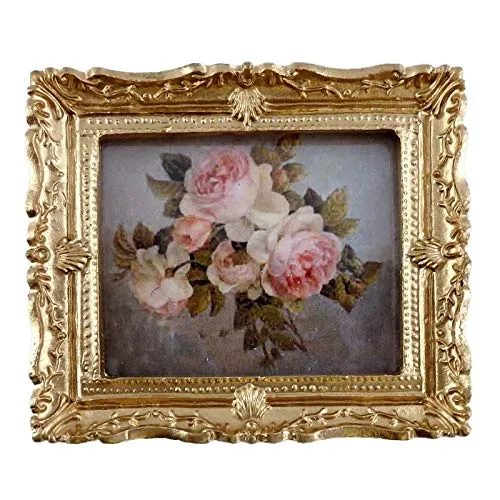 Melody Jane Puppenhaus Miniatur Strauß Rosa Rosen Bild Gemälde Gold Rahmen