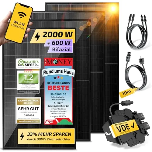 Balkonkraftwerk 2000W/800W Solaranlage - Solaranlage mit einfacher Dachhalterung für kinderleichte Installation, sofort einsatzbereit und ideal zur Reduzierung Ihrer Stromkosten.