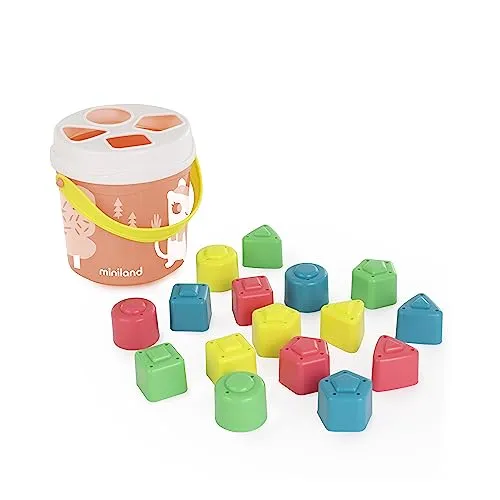 Miniland - Spieleimer mit Steckfiguren, Lachsfarben.Geschicklichkeitspiel für Kleinkinder, recycelten Materialen. Kollektion Feel to Learn