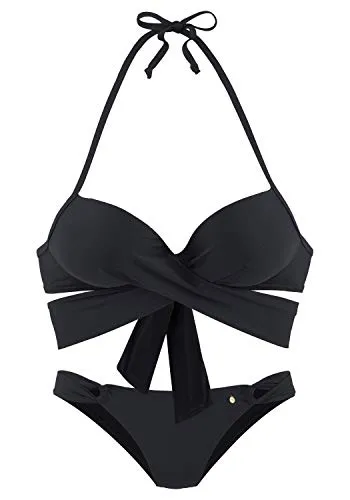 Push-Up-Bikini S.OLIVER für Damen, Gr. 38, schwarz - Bademode mit wattierten Cups für ein atemberaubendes Dekolleté und trendiger Wickeloptik. Hergestellt aus Recycling-Polyamid für umweltbewusste Fashionistas.