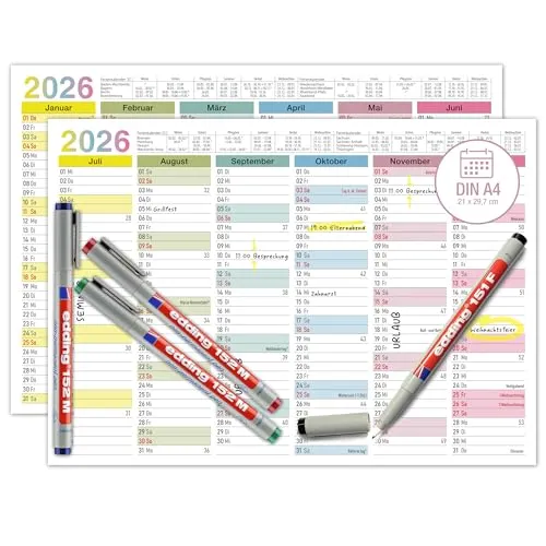 TOBJA abwischbarer Wandkalender 2026 A4 - "Bunter" Jahresplaner 2026 abwischbar, inkl. 4 Stifte. Tafelkalender 2026, Robuster Kalender A4 (abwischbar +4 Stifte)