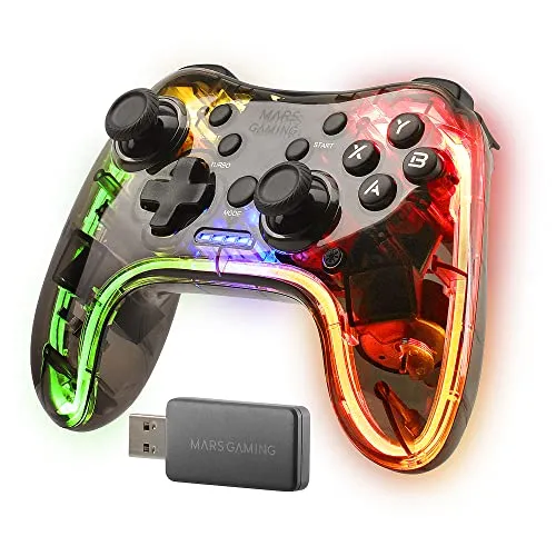 MarsGaming MGP-24 Wireless Controller - PC-Gamecontroller mit professioneller 2.4GPRO-Drahtlosverbindung für schnelles Gaming und bis zu 10 Stunden Akkulaufzeit; ergonomisches Design mit RGB-Beleuchtung und dualer haptischer Vibration für ein realistisches Spielerlebnis.