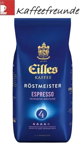 EILLES KAFFEE Röstmeister Espresso 1000g Bohnen - Kräftiger Bohnenkaffee mit intensiver Röstung. Ideal für Espresso und Cappuccino, überzeugt durch karamellige Aromen und geringe Säure – perfekt für anspruchsvolle Kaffeegenießer.