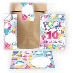 JUNAPACK Einladungskarten Pool Party zum 10. Geburtstag Einladungen Karten + Umschläge Mitgebsel, Mitgebsel Set mit Schwimmbad Motiv für Kinder Gastgeschenke