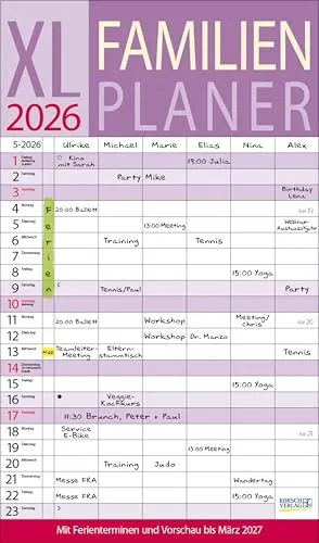 XL Familienplaner 2026: Familienkalender mit 6 breiten Spalten. Hochwertiger Familientimer mit Ferienterminen, extra Spalte, Vorschau bis März 2027 und nützlichen Zusatzinformationen.