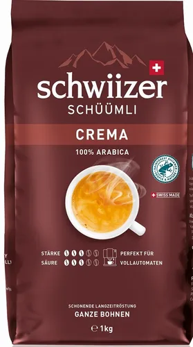 Schwiizer Schüümli Crema Bohnen 1Kg - Hochwertige Kaffeebohnen aus der Schweiz mit mittlerer Röstung für ein unverwechselbares Aroma – ideal für Kaffeeliebhaber.