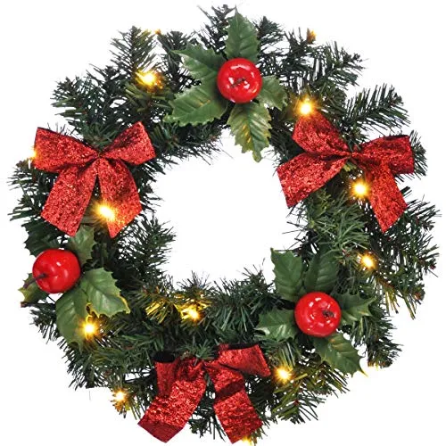 bonsport LED Dekoobjekt Weihnachts-Türkranz - Leuchtender Türkranz mit roten Dekoäpfeln und Timer-Funktion, perfekt für festliche Innenraumdekoration. Maße: 28 x 8,1 cm, batteriebetrieben (3 x AA).