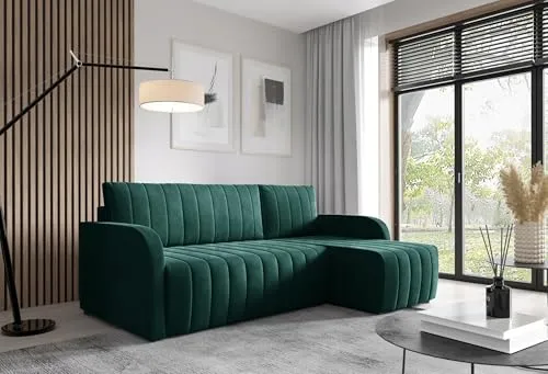LIKMA Ecksofa Otto L-Form 224 cm Flaschengrün Moderne Sofas & Couches - Velvet Sofa mit Schlaffunktion - Schlafsofa mit Bettkasten - Wohnlandschaft mit Bettzeugbehälter, Stoff: Trinity 38