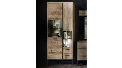 Livetastic Vitrine in Graphit und Eiche - Vitrine mit 2 Soft-Close-Schubladen und 9 Fächern, ideal für stilvolle Wohnwände. Made in EU, erweiterbar und bietet Raum für individuelle Dekoideen.