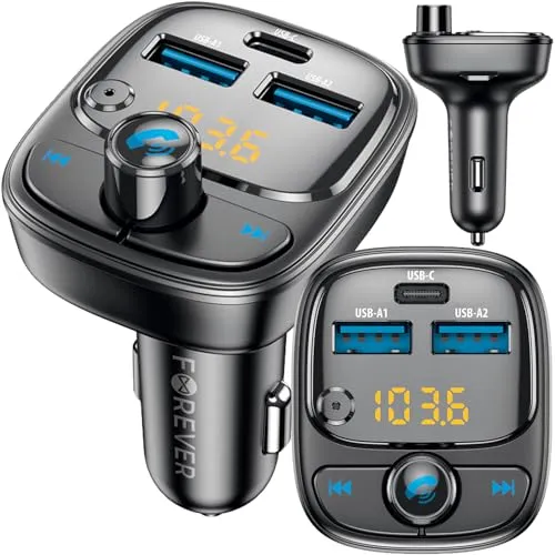 FOREVER Bluetooth 5.0 FM Transmitter, Auto Radio Adapter mit 3 Ladeanschluss (2X USB-A, 1 x USB-C), Freisprecheinrichtung, Radio Transmitter für Auto Bluetooth, KFZ Musik Player