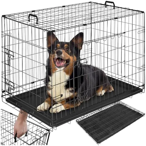 TecTake Hundekäfig-Gitterbox Luna, klappbar, 2 Türen, 91,5 x 59,5 x 64 cm - Praktischer Hundekäfig Luna von TecTake – ideal für Reisen. Robuste Stahlgitter, abgerundete Kanten und klappbares Design für einfache Handhabung. Maximale Sicherheit durch Doppelverriegelungen und leichte Reinigung dank herausnehmbarer Bodenwanne.