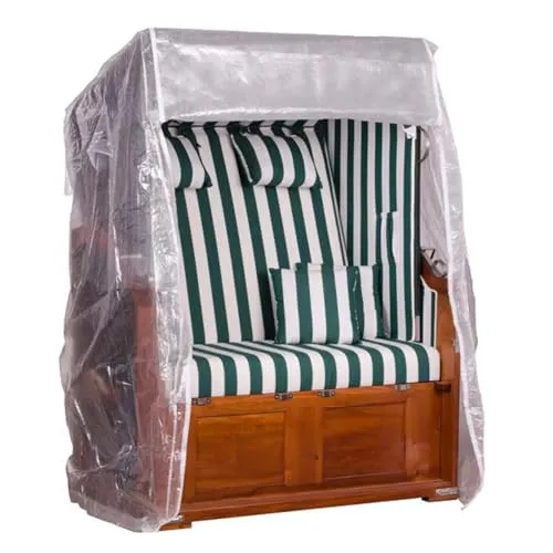 MR.DEKO Gartenmöbel-Schutzhülle PVC Größe L Transparent - Sitzgruppen-Schutzhüllen für 2-Sitzer Strandkorb bis 125 cm Breite, mit Reißverschlüssen und Lüftungshutzen für optimalen Schutz gegen Feuchtigkeit und Schimmel.