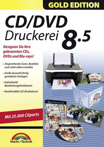 Markt & Technik CD/DVD Druckerei 8.5 Gold Edition - Multimedia-Software zur Gestaltung von CD/DVD-Covern, mit zahlreichen Vorlagen und einem CloneCover-Assistenten für einfache Designkopien.