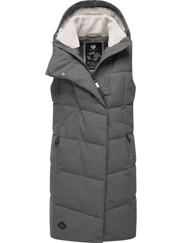 Ragwear Damen lange wasserdichte Winter Steppweste Pavla Vest Grey Gr. M - Stylische, wasserfeste Weste mit gefütterter Kapuze und kuscheligem Teddyfell-Innenfutter. Perfekte Passform und praktische Details machen sie zum idealen Begleiter für die kalte Jahreszeit.