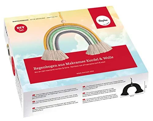 Rayher 55946999 Bastelpackung Makramee Regenbogen, Kordel und Wolle, ca. 25 x 20 cm, Regenbogen Dekoration