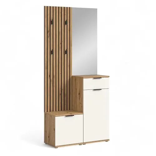 Xora Garderobe Simple, Weiß & Eiche Artisan - 4-teiliges Garderoben-Set (88x195 cm) mit elegantem Lamellen-Design, platzsparend und flexibel montierbar – ideal für einen stylischen Eingangsbereich.