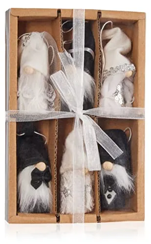 BRUBAKER 6er Set Hochzeit Dekoanhänger Zwerge - Hochzeitsdekoration Gnom in Anzug und Hochzeitskleid - Geschenkanhänger Weiß - Hochzeitsfiguren für Geschenk - Holz Strick Wichtel in Geschenkbox