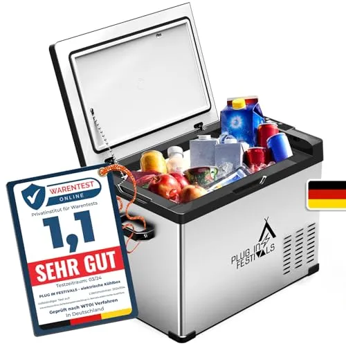 PLUG IN FESTIVALS - elektrische Kühlbox, Kompressor Gefrierbox bis -20 Grad, ideal für Camping und Festivals mit hervorragender Kühlleistung