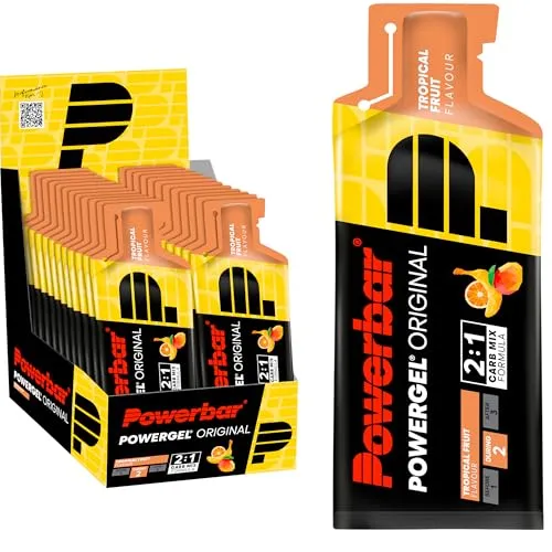 PowerBar PowerGel Original Tropische Früchte 24x41g Box - Energie-Gel mit C2MAX Dual Source Carb Mix, ideal für Sportler zur schnellen Kohlenhydrataufladung und Unterstützung bei längeren Aktivitäten.