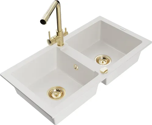 Mexen Mario 2-Becken-Granitspüle mit Mischbatterie Duero, Weiß - 6504-20-671600-50