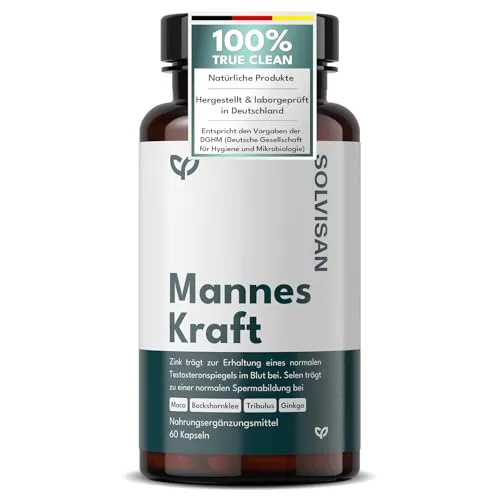 MANNES KRAFT hochdosiert mit Zink, Selen, Maca, Tribulus & Ginkgo - 60 Kapseln - Pflanzliches Ergänzungsmittel Maca, hochdosierte Kapseln mit hochwertigen Pflanzenstoffen, unterstützt normale Fruchtbarkeit und Gesundheit – Made in Germany.