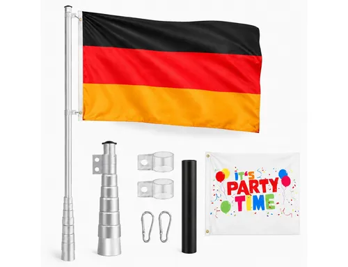 ONBEST Fahnenmast 6,2 m | Mit Deutschlandfahne & Karabiner - Fahnenmast aus rostfreiem Aluminium, höhenverstellbar bis 6,20 m. Inklusive Deutschland- und Partyfahne, ideal für festliche Anlässe.