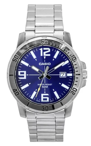 Casio MTP-VD01D-2B Enticer Serie Herrenuhr - Armbanduhren für Herren mit blauem Zifferblatt, Edelstahl-Gehäuse und 50m Wasserdichtigkeit – ideal für den täglichen Gebrauch und elegante Anlässe.
