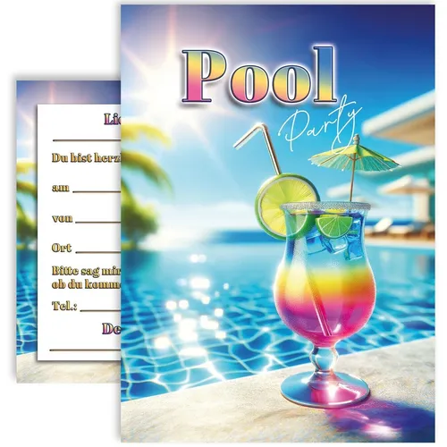 10x Einladungskarten Poolparty Set "Pool und Cocktails" Party Einladung