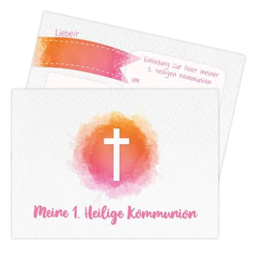 Papierdrachen 12 Einladungskarten zur Kommunion - Motiv Kreuz rosa - Einladung zur Heiligen Kommunion für Mädchen und Jungen - DIN A6 - Set 6