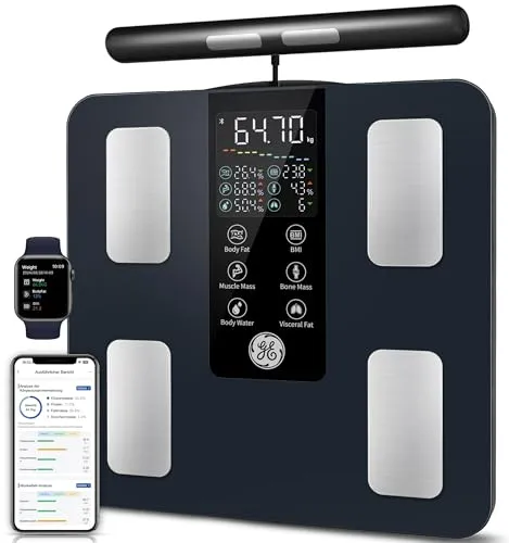 GE Körperfettwaage Smart Waage Personen - Digitale Personenwaage mit 8-Elektroden-Technologie zur präzisen Analyse von 27 Körperwerten, inklusive BMI und Muskelmasse. Ideal für Familien mit bis zu 9 Nutzerprofilen!