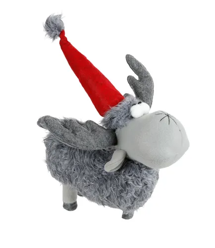 Deko-Rentier mit Mütze – Weihnachtsfigur für festliche Winterdeko - Charmante Dekofigur aus Stoff, in Grau und Rot. Perfekt für eine stimmungsvolle Weihnachtsatmosphäre und ideal als Blickfang in Ihrem Zuhause.