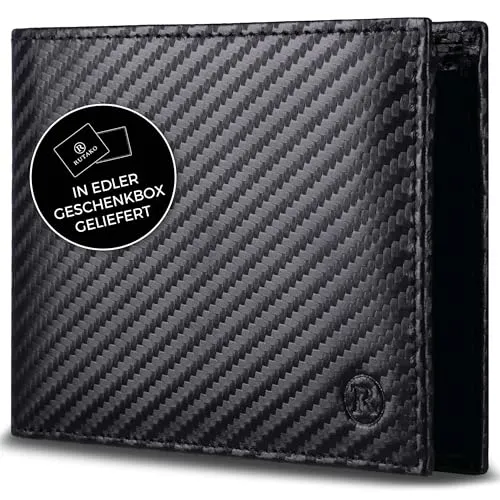 RUTAKO Geldbörse Herren mit RFID Schutz - Portemonnaie Groß mit Münzfach - 12 Fächer - Geldbeutel für Männer - Brieftasche Wallet Portmonee Carbon-Schwarz