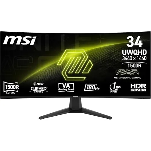 MSI MAG 346CQ 34-Zoll UWQHD Curved Gaming Monitor - Gaming Monitor mit 180Hz und 1ms Reaktionszeit für eSports, 1500R Krümmung für immersives Gameplay und brillanter Farbdarstellung dank 100% sRGB.