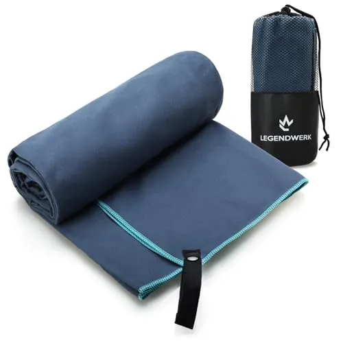 Legendwerk® Mikrofaser-Handtuch DUNKELBLAU 160x80 cm – schnelltrocknendes Sporttuch für Männer – ideal fürs Fitnessstudio, Schwimmen & Reisen – mit Schlaufe & Aufbewahrungsbeutel