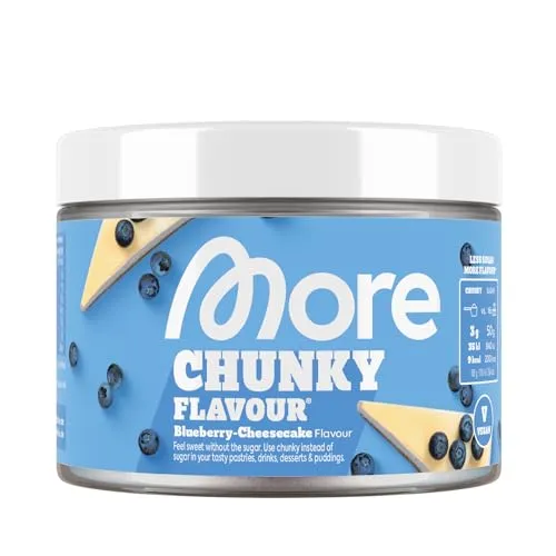 MORE Chunky Flavour Blueberry Cheesecake, 150 g - Vegan Geschmackspulver zum Süßen - VIELSEITIG EINSETZBAR: Ideal für Quark, Joghurt, Porridge oder Desserts – das Chunky Flavour sorgt für Geschmack und Abwechslung. NIEDRIGER KALORIENGEHALT: Mit nur 6 bis 12 kcal pro Portion ideal für bewusste Ernährung. HERGESTELLT IN DEUTSCHLAND.