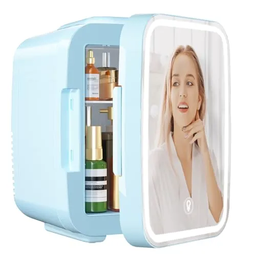 YASHE Mini Kühlschrank, Skincare-Kühlschrank mit LED-Lichtspiegel, 4-Liter-Kleinkühlschrank tragbar, 220V AC / 12V DC Thermoelektrische Heizung und Kühlung für Auto, Büro, Wohnheim (Blau)