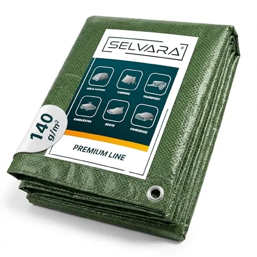 Selvara Abdeckplane 140g/m² Premium Line grün | Robuste Gewebeplane 5m x 5m - Vielseitige Abdeckplane mit Aluminiumösen für zuverlässigen Schutz von Gartenmöbeln, Autos und mehr. Wasserdicht, UV-stabilisiert und leicht zu reinigen – ideal für jeden Einsatz im Freien.