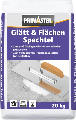 Primaster Glätt & Flächenspachtel 20 kg - Hochwertige Spachtelmasse - Ideal für glatte Oberflächen, hohe Verarbeitungssicherheit und einfache Anwendung. Perfekt für Wand- und Deckenarbeiten.