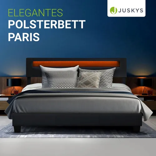 Juskys Polsterbett Paris 180x200 cm mit LED Beleuchtung - Doppelbett in stilvollem Schwarz mit 180x200 cm Liegefläche, inklusive Lattenrost und verstellbarer LED-Beleuchtung für gemütliche Nächte.