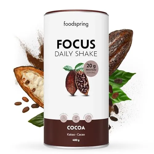 foodspring – Daily Shake Focus Whey Protein Pulver - Proteinshake für deinen täglichen Bedarf an Proteinen, Vitaminen & Mineralien – Eiweißpulver mit echtem Kakao & Ginseng (480g)