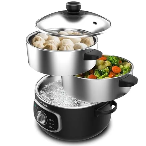 Cecotec Elektrischer Dampfgarer Vapovita Steelpot 10L - Dampfgarer mit 1300W für gesundes Kochen, 10L Edelstahlbehälter, einstellbare Zeit und automatische Abschaltung für optimale Sicherheit.