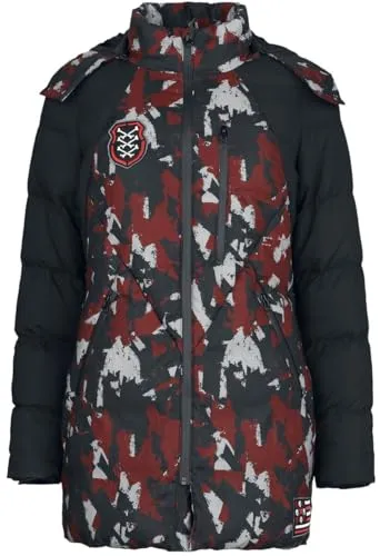 Rock Rebel by EMP Damen Camouflage Winterjacke rot-schwarz mit Patches - Stylische Camouflage Winterjacke in rot-schwarz von Rock Rebel by EMP. Mit abnehmbarer Kapuze, praktischen Taschen und trendigen Patches ist sie der perfekte Begleiter für kalte Tage.